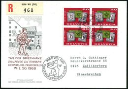 SCHWEIZ 1968 (8.12.) SSt: 9500 WIL (SG)/TAG DER BRIEFMARKE (Bär) Auf 4er-Bl. 20 C. "125 J. Briefmarke" (Mi.888 MeF), Inl - Giornata Del Francobollo