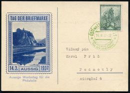 TSCHECHOSLOWAKEI 1937 (14.2.) Grüner SSt: USTI NAD LABEM 1-AUSSIG 1/...TAG DER BRIEFM. (zweispr.) Auf Passender, Deutsch - Journée Du Timbre