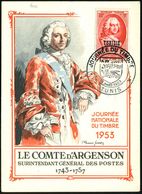 TUNESIEN 1953 (14.03.) SSt: TUNIS/JOURNÈE DU TIMBRE Auf 12 + 3 F. "Tag Der Briefmarke" (Comte  D'Argenson) Auf Be - Giornata Del Francobollo