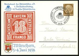 MÜNCHEN/ HDB/ 4.Reichsbundestag Des Reichsbundes Der Philatelisten 1939 (3.6.) SSt = RdPh-Logo Auf PP 3 Pf. Hindenbg., B - Filatelistische Tentoonstellingen
