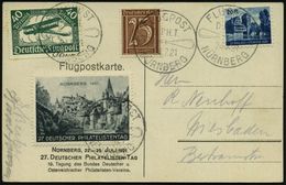 NÜRNBERG/ D.P.H.T./ FLUGPOST 1921 (24.7.) Seltener SSt (Propeller) Auf Flp. 40 Pf. (Mi.112 U.a.) 4x Auf Sonderkarte: 27. - Filatelistische Tentoonstellingen