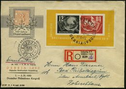 LEIPZIG C.1/ DEBRIA 1950 (27.8.) 2 Verschiedene SSt = Taube U. Sachsendreier, EF Debria-Block 12 + 3 Pf. U. 84 + 41 Pf.  - Briefmarkenausstellungen