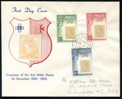 MALTA 1960 (1.12.) 100 Jahre Malta-Briefmarken, Kompl.Satz , Klar Gest. Übersee-FDC-SU.  (Mi.272/74) - - Briefmarkenausstellungen