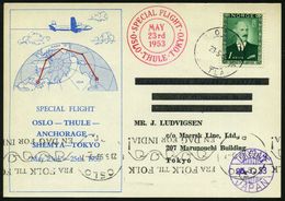 NORWEGEN 1953 (23.5.) Trans-Polar Erstflug: OSLO - THULE - TOKYO , Roter Flp.-2K: SPECIAL FLIGHT/OSLO - THULE - TOKYO, E - Arktis Expeditionen