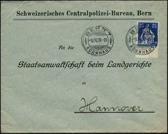 SCHWEIZ 1920 (1.4.) 2K-Gitter: BERN 1/KORNHAUS Auf EF 25 C. Helvetia , Dienst-Bf.: Schweiz. Centralpolizei-Bureau.., Kla - Policia – Guardia Civil