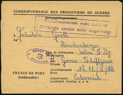 FRANKREICH /  ÖSTERREICH 1947 (8.2) Kgf.-Vordr.-Faltbf. , Viol. Zensur-Oval: DEPOT 62/3/CENSURE = Lager St. Menehould, M - Rode Kruis