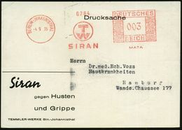 BERLIN-JOHANNISTHAL/ TW/ SIRAN/ MATA 1935 (4.9.) AFS (Monogr. TW = Temmler-Werke) Auf Reklame-Kt.: Siran = Schattenriß A - Apotheek