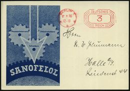 BERLIN/ *2v 1936 (17.11.) PFS 3 Pf. Auf Blauer Reklame-Kt.: SANOFELOL.. (Zahnräder, Rs. Text = Leber-Gallen-Medikament)  - Pharmacy