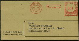 BIBERACH (RISS)/ Thomae 1949 (8.7.) AFS Typ FZ 004 Pf. Auf Schmalem Firmen-Bf. + Reklame-Inhalt: 2 Werbezettel Für Medik - Apotheek