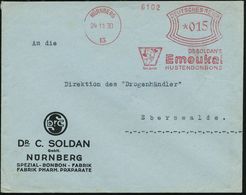 NÜRNBERG/ 13/ DR.SOLDAN'S/ Emeukal/ HUSTENBONBONS 1930 (24.11.) AFS (Kopf Mit Hand Vor Mund = Logo) Rs. Motivgl. Reklame - Farmacia