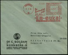 NÜRNBERG/ 13/ Bei/ Hustenqual/ Hilft/ Dr.C.Soldan's/ Em-eukal.. 1934 (3.3.) AFS + Abs.Vordr.: Dr. C S = Altes Logo, Inl. - Apotheek