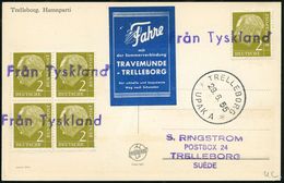 B.R.D. /  SCHWEDEN 1955 (29.6.) 2 Pf. Heuss, Reine MeF: 4er-Bl. + Einzelstück, 3x Viol. 1L: Fran Tyskland + 1K: TRELLEBO - Marítimo