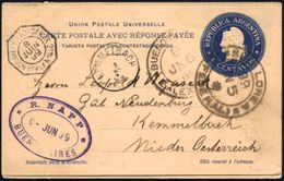 ARGENTINIEN /  FRANKREICH 1899 (Juni) Antwort-P. Liberty 6 C.+ 6 C. Blau (Antwort) Aus B.Aires,  Franz. Seepost-8eck.: B - Marítimo