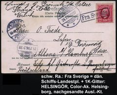 SCHWEDEN /  DÄNEMARK 1906 (24.7.) Schw. Ra.:  F R A   S V E R I G E Auf EF Schweden 10 Ö. + 1K-Gitter: HELSINGÖR/*** Dan - Marítimo