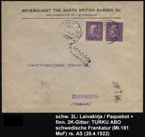SCHWEDEN /  FINNLAND 1922 (28.4.) Schweden 2x 20 Ö. Freimarke, 2x Finnischer 2K-Gitter: * TURKU * ABO * + Seltener, Schw - Maritiem