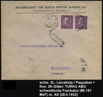 SCHWEDEN /  FINNLAND 1922 (28.4.) Schweden 2x 20 Ö. Freimarke, 2x Finnischer 2K-Gitter: * TURKU * ABO * + Seltener, Schw - Marittimi