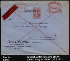BREMEN/ 1/ ATLAS/ WERKE 1931 (25.2.) AFS 055 Pf. = Schiffsschraube , Firmen-Bf.:  Atlas-Werke AG, Maschinenfabrik, Gieße - Maritiem