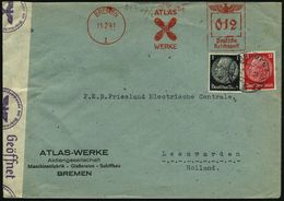 BREMEN/ 1/ ATLAS/ WERKE 1941 (11.2.) AFS 12 Pf. = Schifssschraube + Zusatzfrankatur 1 Pf. U. 12 Pf. Hindenbg. (Mi.512, 5 - Maritiem