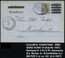 KOSTANZ-BREGENZ/ SCHIFFSPOST/ KURS 74 1907 (5.4.) Oval-BPA Auf Inl.-P 3 Pf./2 Pf. Germania , Rs. Reklame-Zudruck (Marken - Schiffahrt