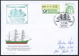 2000 HAMBURG 4/ 797.HAFEN-GEBURTSTAG/ RICKMER RICKMERS 1986 (8.5.) SSt Auf Motivgl. PU 50 Pf. Burgen, Grün: "RICKMER RIC - Schiffahrt