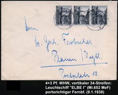 DEUTSCHES REICH 1938 (9.1.) 4 + 3 Pf. WHW, Reine MeF: Vertikaler 3er-Streifen = Leuchtfeuer-Schiff "Elbe I" , Sauber Ges - Vuurtorens