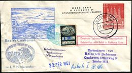 CUXHAVEN 1/ M 1961 (23.9.) 2K-Brücke Auf 8 Pf.-Frankatur + DLRG-Spendenmarke 50 Pf. + Label: MEER-LAND/19 VERSUCH 61/POS - Marittimi