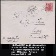 DEUTSCHES REICH 1906 (18.1.) 1K-BPA.: KAIS. DEUTSCHE/MARINE-/SCHIFFSPOST/No.41/** = Kadettenschulschiff S.M.S. "Stein" A - Maritiem