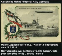 DEUTSCHES REICH 1916 (29.5.) Color-Propaganda-Ak.: Das Luftschiff "Hansa" über S.M.S. "Kaiser" Mit Flaggen, Wappen , 1K- - Maritiem