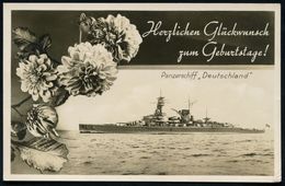 DEUTSCHES REICH 1938 (ca.) S/w-Foto-Geburtstags-Ak.: Panzerschiff "Deutschland" (mit Nelken) Rs. Beschriftet, Ungebr. (V - Marittimi
