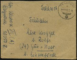 DT.BES.DÄNEMARK 1944 (5.5.) 1K: FELDPOST/b/--- + Hs. Feldpost-Nr.: "38050 Z" = Admiral Skagerrak, Marine-Intendantur U.  - Schiffahrt