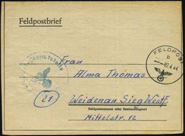 DT.BES.FRANKREICH 1944 (2.4.) 1K: FELDPOST/b/--- + Blauer 1K-HdN: Feldpost-Dienststelle/ 40930 + Rs. Hs. Abs.: "Feldpost - Schiffahrt