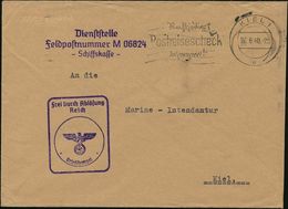 Kiel 1 1940 (26.6.) MWSt.: KIEL 1/u/Rechtzeitig/Postreisescheck/besorgen! + Viol. Abs.-3L.: ..Feldpostnummer M 06824 + A - Duikboten