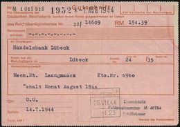 Lübeck 1944 (14.7.) Blauer 3L: ..Feldpostnr. M 46784/Schiffskasse = 29. U-Boot-Flottille Auf Rosa Reichsbank-Gutschrift- - Duikboten