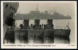 DEUTSCHES REICH 1938 (ca.) S/w.-Foto-Ak.: Unterseebootsflottille "Weddingen" Ohne "U 12".. Ubootbegleitschiff "Saar" , U - Sottomarini
