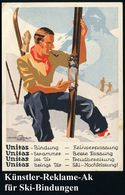 DEUTSCHES REICH 1936 (18.9.) Color-Künstler-Reklame-Ak.: Unitas (Ski)-Bindung.. = Skiläufer Mit Ski U. Pfeife Etc. (sign - Invierno