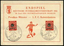 (1) BERLIN OLYMPIASTADION/ DEUTSCHE FUSSBALL-/ MEISTERSCHAFT 1951 (30.6.) SSt = Hauspostamt Olympia-Stadion = Spieler Mi - Briefe U. Dokumente