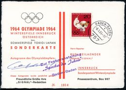 757 BADEN-BADEN 1/ V 1965 (8.1.) 1K Auf EF 20 Pf. Olymp. Jahr = Judokämpfer + HdN: "Sportler Des Jahres" Baden-Baden + O - Judo