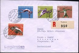 LIECHTENSTEIN 1956 (5.10.) Leichtathletik, Kompl. Satz , Klar Gest. RZ: Vaduz, Ausl.-R-Bf.  (Mi.342/45 ,+ 41.- EUR) - - Leichtathletik