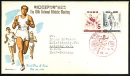 JAPAN 1955 (30.10.) 5 Y. + 5 Y. "10. Nat. Sportfest", Kompl. Satz Als Zus.-Druck + Roter ET-SSt. , Übersee-FDC-SU. + Inh - Leichtathletik