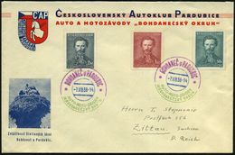 TSCHECHOSLOWAKEI 1938 (7.8.) Dreifarbiger SSt.: BODANEC U PARDUBICE/AUTO-MOTO-ZAVODY/III. BOHDANAECSKY OKRUH , 2x Klar A - Auto's