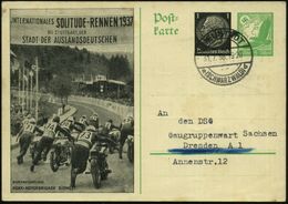 Stuttgart-Glemseck 1938 (31.7.) PP 1 Pf. Hindenbg. + 5 Pf. Adler: JNTERNAT. SOLITUDE-RENNEN 1937.. = Start Der Motorräde - Motos