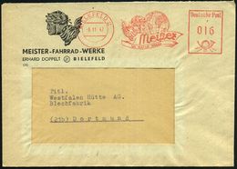 BIELEFELD 2/ Meister/ In Aller Welt 1948 (31.7.) AFS = Radrennfahrerkopf Mit Lorbeer (vor Globus) Motiv-ähnl. Firmen-Bf. - Radsport