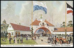 München 1906 PP 5 Pf. Wappen, Grün: XV. Deutsches Bundesschießen = Hauptportal, Festplatz Mit Flaggen, Automobil, Hunden - Shooting (Weapons)