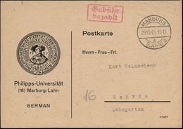 MARBURG/ D/ (LAHN)2 1945 (29.10.) 1K-Brücke + Roter Ra.2: Gebühr/bezahlt , Dekorative Dienst-Kt.: Philipps-Universität.. - Ohne Zuordnung