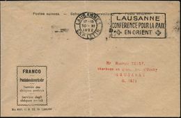 SCHWEIZ 1922 (30.11.) Seltener MWSt.: LAUSANNE 1/CONFERENCE POUR LA PAIX/EN ORIENT = Frieden V.Lausanne, Griech.-türkisc - ONU