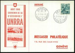 SCHWEIZ 1946 (24.8.) SSt: GENEVE/5e SESSION DE L'UNRRA (5. Sitzung) 2x Klar Auf Orts-Sonder-Kt.: U N R R A  (Pen.S 267)  - VN