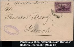 VENEZUELA 1896 (Febr.) 25 C. "Columbus Am Orinoko" (Columbian World-Expo)  EF , Bedarfs-Übersee-Bf. N. Zürich (rs. AS) ( - Altri & Non Classificati