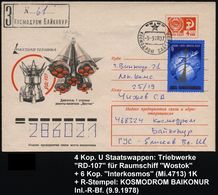 UdSSR 1978 (9.9.) 4 Kop. U Staatswappen, Rot: Raketentriebwerke "RD-107" Für "Wostok" + Zusatzfrankatur 6 Kop. "Interkos - Russia & USSR