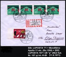 1 BERLIN 12/ ASTRO-PHILATELIE/ ..LUPOSTA'71 1971 (11.6.) SSt = Mondfähre "Apollo 11" (u. Satellit, Rakete) + Sonder-RZ:  - USA