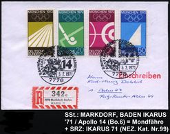 7778 MARKDORF,BADEN/ Raumfahrt-/ Ausstellung/ IKARUS 71/ APOLLO/ 14 1971 (5.2.) SSt = Apollo-Mondfähre, 2x + Sonder-RZ:  - USA